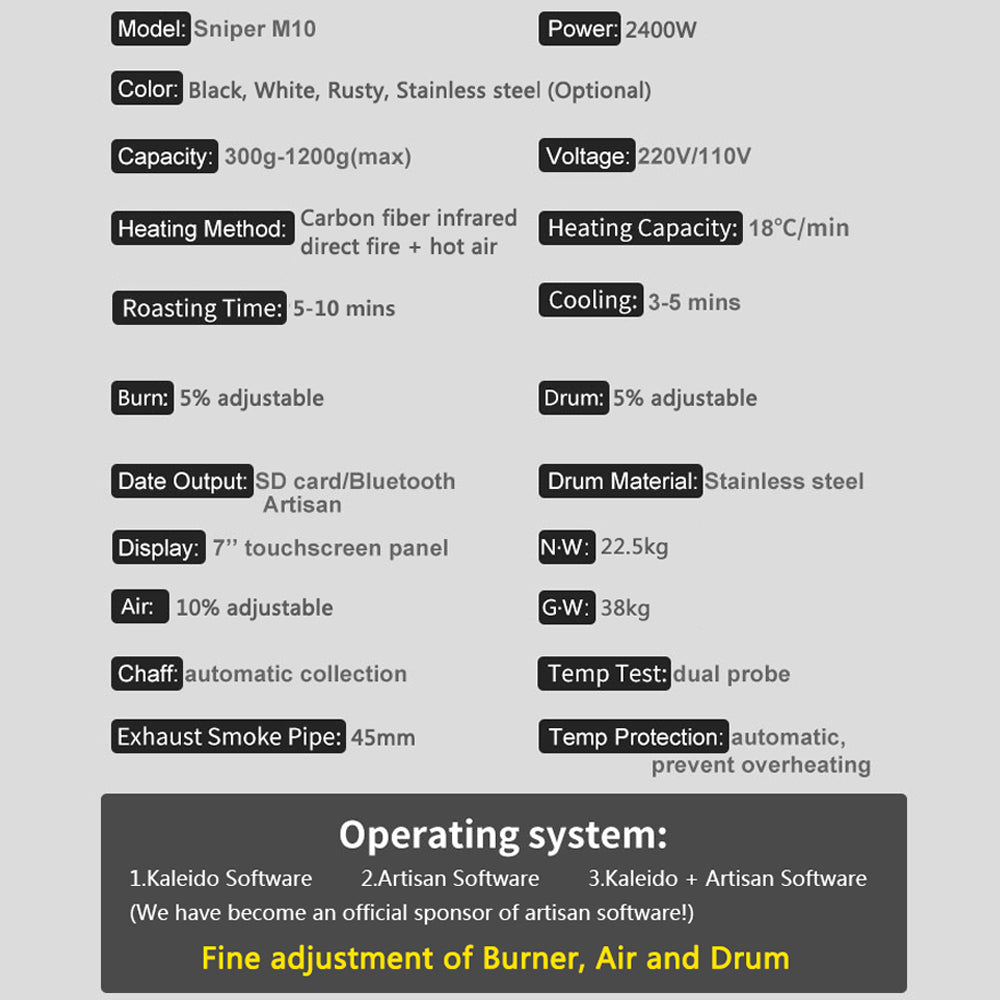 Kaleido Sniper M10S Coffee Roaster 300-1200g Electric Intelligent Roaster M10S Upgraded